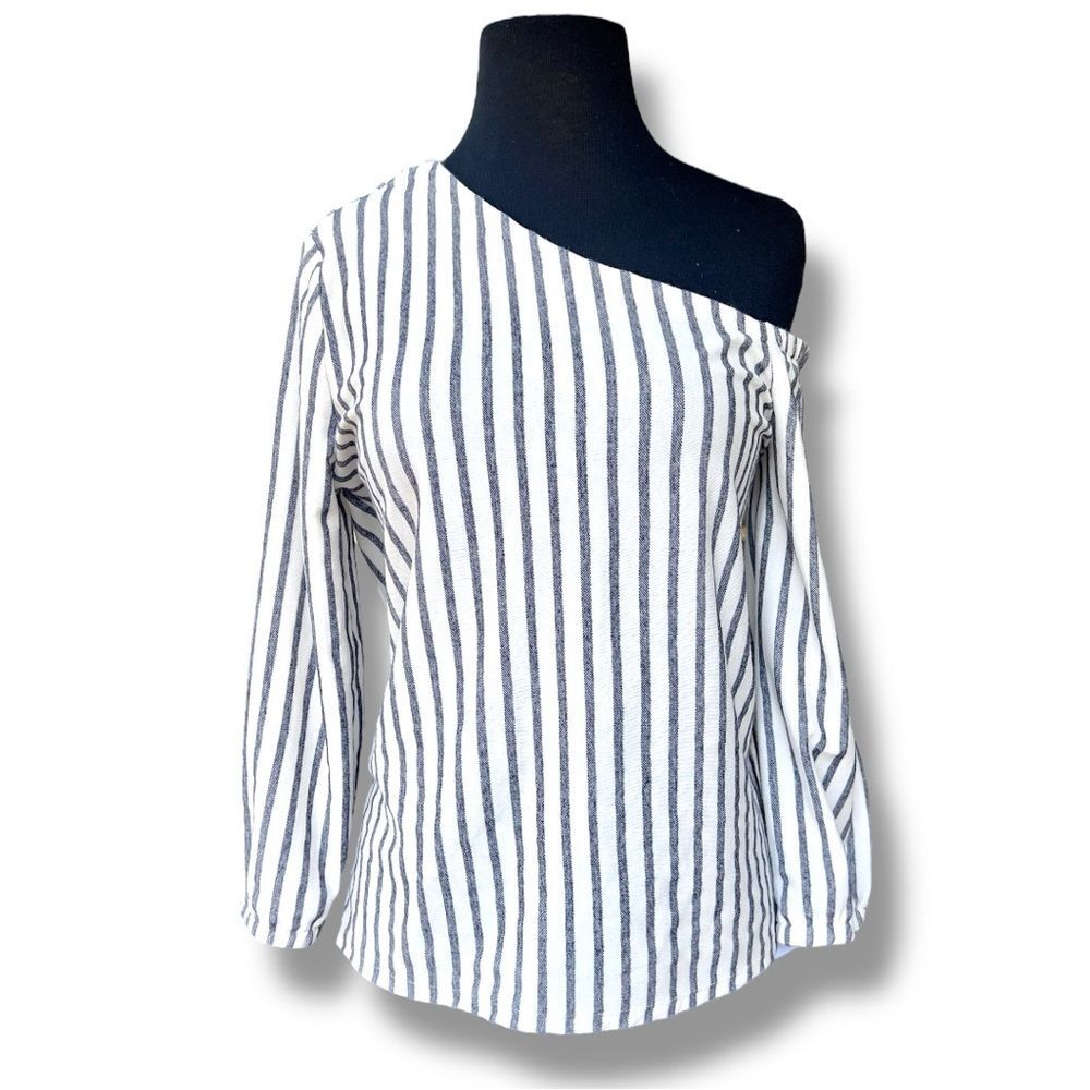 Banana Republic One Shoulder Blue and White Stripe Poet Sleeve Top | Women's S
